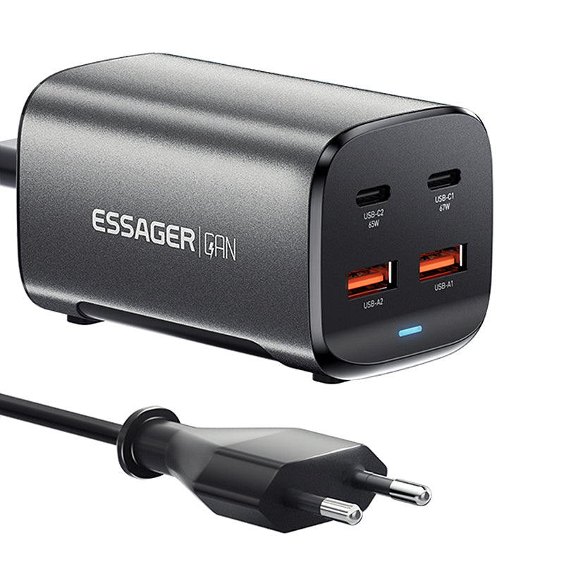 [GaN Tech] ESSAGER ES-CD35 67W 4-Port USB PD Charger 2USB-A+2USB-C PD3.0 QC4.0 AFC FCP SCP PPS BC1.2 DCP Apple2.4A Fast Charging Wall Charger Adapter EU Plug US Plug with 1M C8 Power Cable