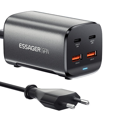 [GaN Tech] ESSAGER ES-CD35 67W 4-Port USB PD Charger 2USB-A+2USB-C PD3.0 QC4.0 AFC FCP SCP PPS BC1.2 DCP Apple2.4A Fast Charging Wall Charger Adapter EU Plug US Plug with 1M C8 Power Cable