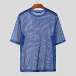LinkMejor Mens Numeric Print Sheer Mesh T-Shirt Solid Color Crew Neck Tshirts Fashion Matching Streatwear for Male Plus Size S-5XL