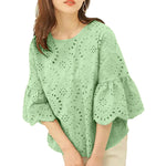 LinkMejor Women Korean Casual Shirt Daily Embroidery Hollow Ruffle Sleeve Blouses