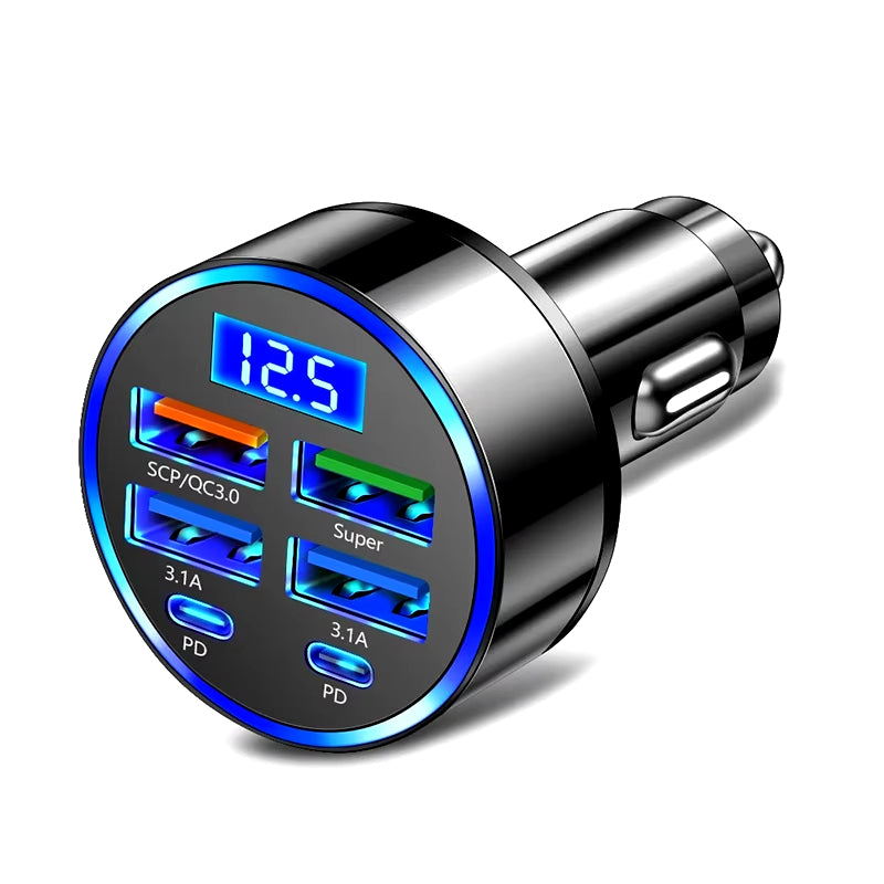 100W 6-Port USB PD Car Charger Adapter 4USB-A+2USB-C PD QC3.0 Support FCP VOOC Fast Charging with Blue LED Display for iPhone 16 15 14 13 Pro for Huawei Nova Flip for Samsung Galaxy Z Flip6 for Xiaomi Civi 4 Pro