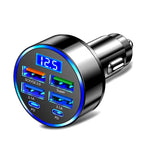 100W 6-Port USB PD Car Charger Adapter 4USB-A+2USB-C PD QC3.0 Support FCP VOOC Fast Charging with Blue LED Display for iPhone 16 15 14 13 Pro for Huawei Nova Flip for Samsung Galaxy Z Flip6 for Xiaomi Civi 4 Pro