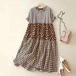 LinkMejor Women Loose Patchwork Check Floral Dress Stylish Short Sleeve Pleated Crew Neck Shirt Dress for Women Plus Size