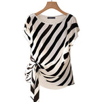 LinkMejor Women Striped Printed T-shirt Fashion Short Sleeve Tee Holiday Summer Holiday Belted Design Casual Simple Tops