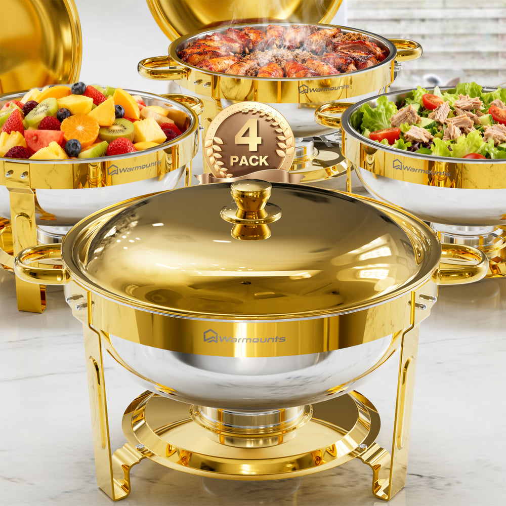 Warmounts Gold Chafing Dishes for Buffet (5QT, 2/4 Pack), Round Stainless Steel Chafer and Warmer Set with Lid Holder, Mirror-polished, Rolled Rim Process (No Finger Cuts), for Catering, Party, Wedding