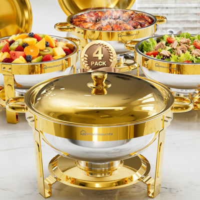 Warmounts Gold Chafing Dishes for Buffet (5QT, 2/4 Pack), Round Stainless Steel Chafer and Warmer Set with Lid Holder, Mirror-polished, Rolled Rim Process (No Finger Cuts), for Catering, Party, Wedding