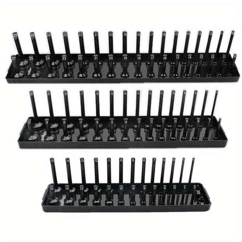 Multifunctional 3-PCS Plastic Socket Organizer Tray Set 1/4-Inch 3/8-Inch 1/2-Inch Metric/Imperial PVC Storage Holder for Home Garage Red/Black