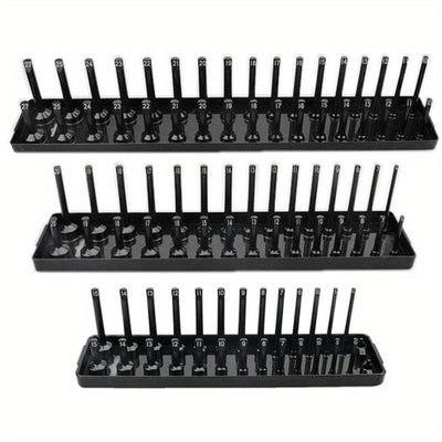 Multifunctional 3-PCS Plastic Socket Organizer Tray Set 1/4-Inch 3/8-Inch 1/2-Inch Metric/Imperial PVC Storage Holder for Home Garage Red/Black