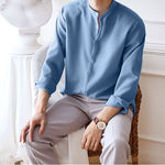 LinkMejor Men Breathable Stand-up Collar Silky Solid Color Shirts