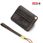 LinkMejor Men's Genuine Leather Credit Card Holder Mini RFID Protection Card Bag Thin Coin Purse with Rope