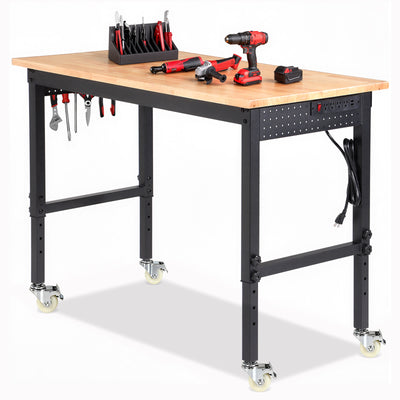 LinkMejor Adjustable Workbench 48-Inch Work Bench with Power Outlet Wheels and Pegboard 2000 lbs Load Heavy Duty Oak Wood Top Work Table for Garage Workshop Office and Home