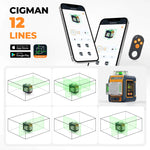 LinkMejor CM-S03 Laser Level 12 Lines LCD Display Green Beam 3x360° Self Leveling Tool IP54 Rechargeable Battery Remote Control for Construction Alignment