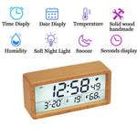 LinkMejor Wooden Digital Alarm Clock Multifunctional Large Screen Date Temperature Humidity Backlight 12/24 Hour Snooze Table Clock
