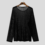 LinkMejor Mens Relaxed Fit Hollow Knit Long Sleeve T-Shirt Soft Drape Fabric Slightly See-through Tshirt Top