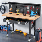 LinkMejor 60-Inch Adjustable Workbench With Pegboard Rubberwood Top LED Light Power Strip Drawer 2000 Lb Capacity Casters And Leveling Feet Garage Workshop Table