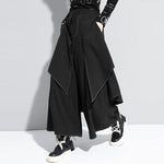LinkMejor Mens Topstitching Irregular Layered Design Black Pants Skirt Design Hemmed Trousers