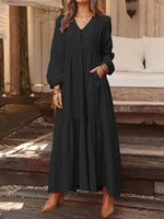 LinkMejor Plus Size Women Long Dress Solid Color V-neck Long Sleeve Causal Maxi Dress