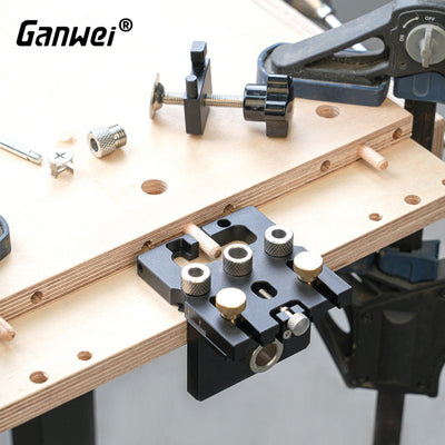 Ganwei Woodworking Drilling Jig Locator CNC Aluminum 3-in-1 6mm 8mm 10mm Dowel Holes 12mm 15mm Cam Lock Holes Adjustable Scale Side Clamp Precision Drill Guide Cabinet Hardware Joinery Jig Furniture Assembly