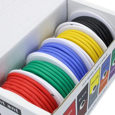 5 Colors Mix Box 5m/roll Electirc Wire 18/20/22/24AWG Super Soft Silicone Wire Heat Resistant Flexible Tinned Copper Stranded Cable DIY Red Black Yellow Blue Green