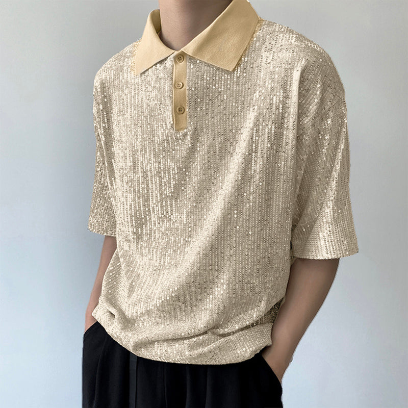 LinkMejor Mens Sequin Sparkle Glitter Patchwork T-Shirt Fashion Short Sleeve Lapel Top Tshirt for Men