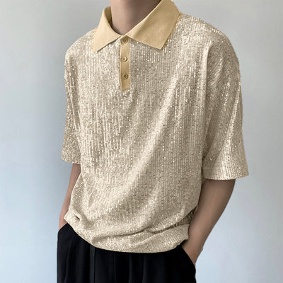 LinkMejor Mens Sequin Sparkle Glitter Patchwork T-Shirt Fashion Short Sleeve Lapel Top Tshirt for Men