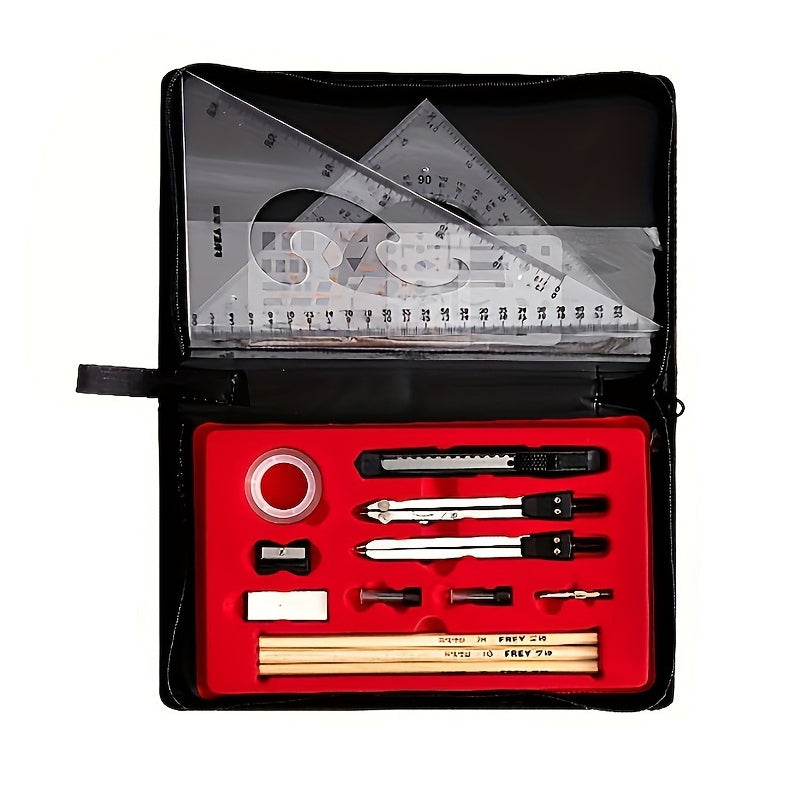Professional 19pcs Compasses Drawing Kit Aluminum Alloy Material Architectural Mechanical CAD Design Tools Complete Geometric Instrument Set with Templates Rulers Precision Knife Portable Canvas Bag