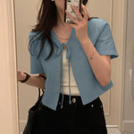 LinkMejor Daily Short Suit Jacket with Tie Front Collar, Short Sleeves Cotton Linen Blend Women's Blazer
