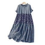 LinkMejor Women Loose Patchwork Check Floral Dress Stylish Short Sleeve Pleated Crew Neck Shirt Dress for Women Plus Size