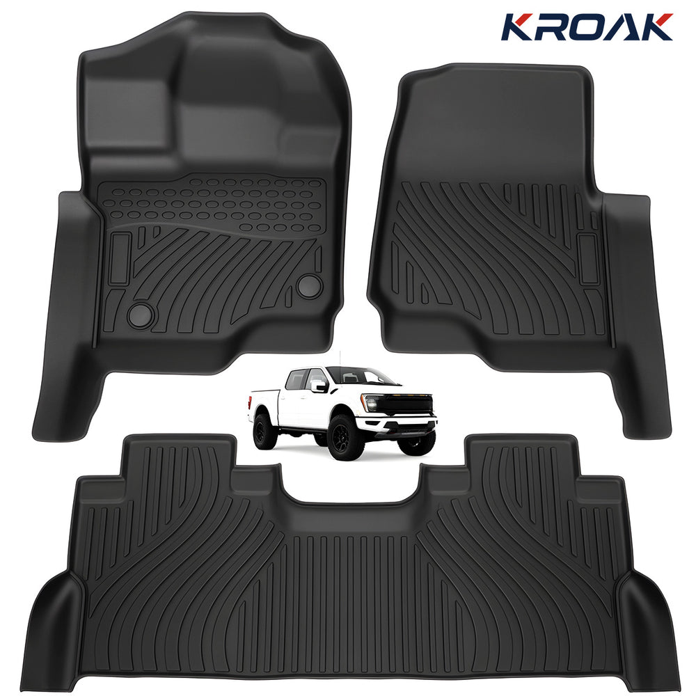 3pcs Floor Mats Set For Ford F250 F350 F450 F550 2017-2025 All Weather TPE Crew Cab Bucket Seat Under Seat Storage Waterproof Easy Clean Non Toxic Odorless Thermoplastic Elastomer