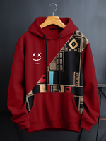 LinkMejor Mens Hooded Sweatshirts Smile Ethnic Geometric Print Patchwork Drawstring Hoodies