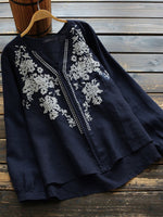 LinkMejor Plus Size Women Cotton Linen V-Neck Embroidery Patterns Casual Loose Blouse