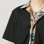 LinkMejor Mens Textured Patchwork Cropped Short Sleeve Shirt Comfortable Fashion Solid Printed Edge Lapel Top