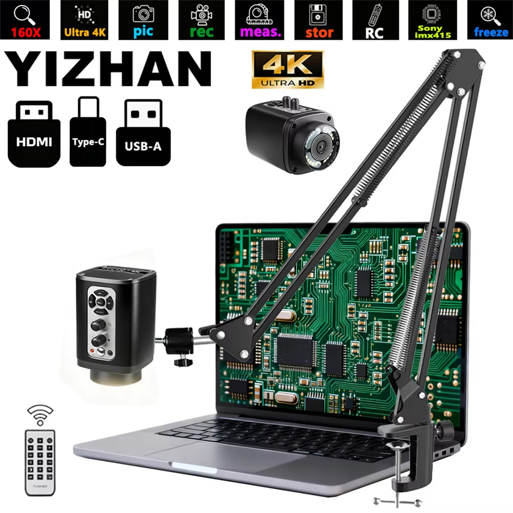 XHU6001 4K Digital Microscope for HDMI Camera 160X  Sony IMX415 Sensor Magnification USB Output High Brightness Adjustable Light Source Long Working Distance Plug and Play Photography Video Recording