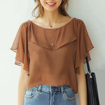 LinkMejor Women's Blouse Elegant Ruffle Sleeve Solid Crew Neck Plain Summer Shirt Pullover Top