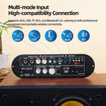 D1200 2.0-Channel Amplifier Board Bluetooth 5.0 50W+50W DC15-18V 5A Min AUX/FM/USB/TF/MIC Input 4-8 Ohm HiFi Stereo Subwoofer Support Karaoke Remote