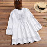 LinkMejor Women's Shirt Solid Lace Blouse Eyelet Lace Patchwork 3/4 Length Sleeve Top Summer Daily Casual Shirts
