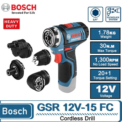 LinkMejor 12V-15 FC for Bosch Professional Cordless Drill 12V Lithium Ion Battery Compact Design 30Nm Torque 5-in-1 Multi Functional Tool LED Worklight Wood Steel Drilling Versatility