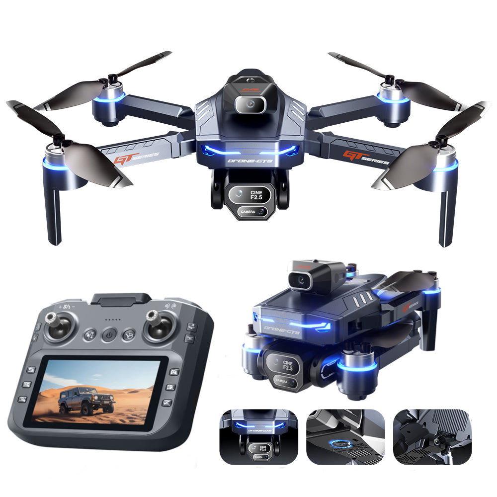 LinkMejor GT8 WiFi FPV with 4.9inch LCD Screen Controller HD Front Bottom Rear Three Camera Servo Gimbal 360° Obstacle Avoidance Brushless Foldable RC Drone Quadcopter RTF