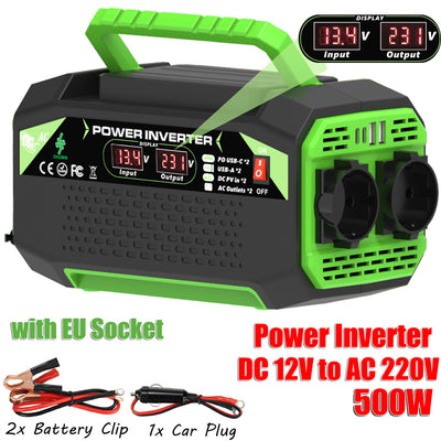 500W Inverter DC 12V to AC 220V with EU Socket Dual LCD Display Fast Charging for Outdoor Camping Car Home Use  Portable Power Supply
