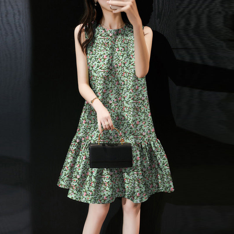 LinkMejor Women Floral Print Party Dress with Mermaid Hem and Ruffle Hem, Fashion Sleeveless Loose Fit Midi Dress Plus Size