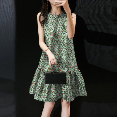 LinkMejor Women Floral Print Party Dress with Mermaid Hem and Ruffle Hem, Fashion Sleeveless Loose Fit Midi Dress Plus Size