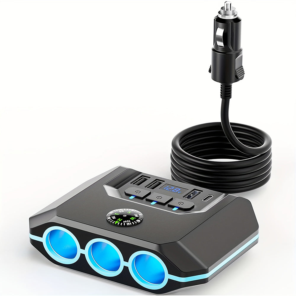 120W Car Charger Adapter 7 in 1 4 USB 3 Socket Splitter Charge Independent Switches DC Outlet Voltage Display With Compass