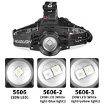 XHP70 30W LED White Blue Yellow Light USB Rechargeable Headlamp Ultra Light Bright LED Headlight Portable Front Head Light Fishing Flashlight with 18650 Battery