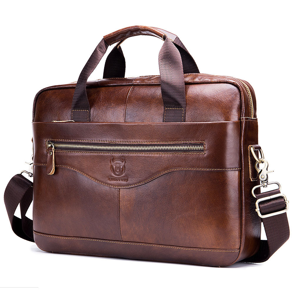 LinkMejor 14 inch Laptop Men's Genuine Leather Briefcase Office Business Large Capacity Handbag with Strap