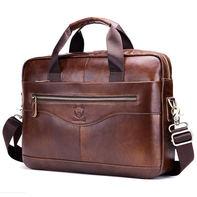 LinkMejor 14 inch Laptop Men's Genuine Leather Briefcase Office Business Large Capacity Handbag with Strap