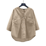 LinkMejor Womens Daily Casual Crew Neck Puff Sleeve Shirts Office Lady Button Up Solid Blouses with Pockets