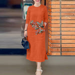 LinkMejor Women's Dresses Vintage Casual 3/4 Sleeve Round Neck Dress Floral Embroidery Split Shift Dresses
