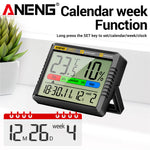 LinkMejor AP01 Hygrometer Clock Calendar Snooze Mode LCD Display Temperature Range -10~50°C Humidity Range 10~99% Hourly Reminder Battery Operated for Home Office