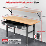 LinkMejor Workbench With Drawers 60 x 22 Inch Adjustable Height 28 to 40 Inch Rubberwood Top 2000 lbs Heavy Duty Garage Workbench With Power Outlets Pegboards Shelf Bracket