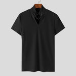 LinkMejor Men's Solid Color Knitted Half Turtleneck Chain Deco Short Sleeve T-Shirt